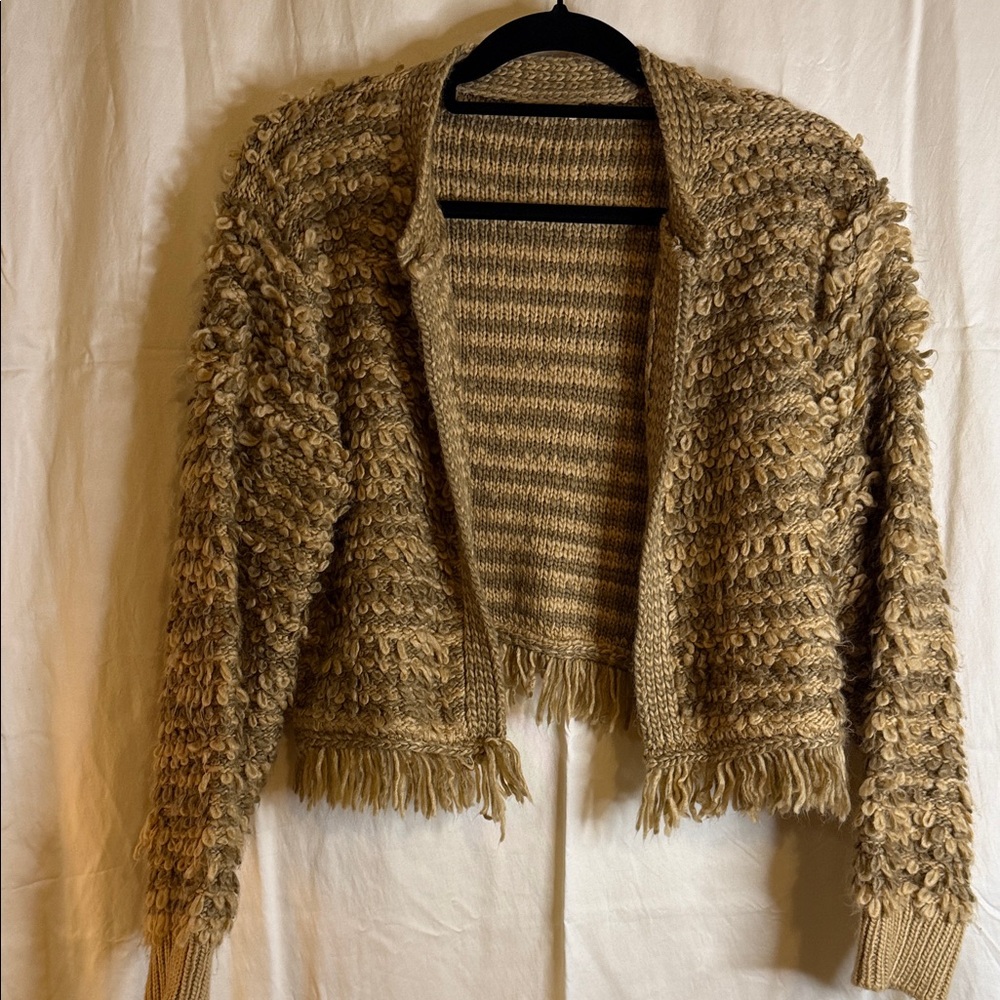 Storia Beige Loop-Knit Fringe Open Cardigan